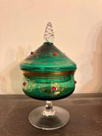 Groene vintage glazen bonbonnière met deksel, Antiek en Kunst, Ophalen of Verzenden