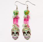 Halloween oorbellen groen roze doodshoofd en millefiori hart, Overige materialen, Hangers, Nieuw, Ophalen of Verzenden