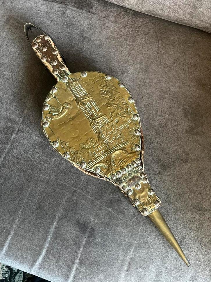 Oude Antieke Blaasbalg Openhaard Messing / Leer. Jaren 30., Antiek en Kunst, Antiek | Koper en Brons, Koper, Ophalen of Verzenden