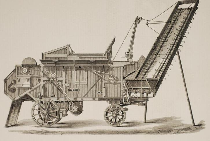 Gecomb. dorsmachine en strolift - Antieke illustratie (1879), Verzamelen, Foto's en Prenten, Zo goed als nieuw, Voor 1940, Verzenden