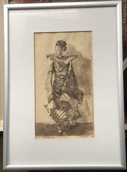 Japan, China, kostuum, ets, schilderij, Anneke Kuyper, oud, Antiek en Kunst, Kunst | Etsen en Gravures, Ophalen of Verzenden