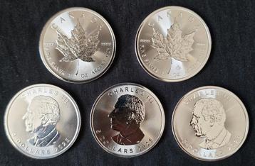 5x 1 oz Maple Leaf Zilver Munten 2025 beschikbaar voor biedingen