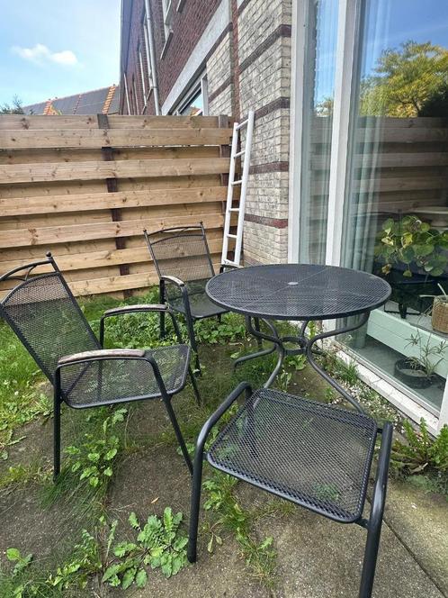 Bistroset buiten, ronde metalen tafel + 3 stoelen, Tuin en Terras, Tuinsets en Loungesets, Gebruikt, Tuinset, Overige materialen