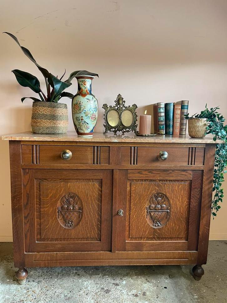 Vintage houten commode met terra marmeren blad, Huis en Inrichting, Kasten | Overige, Gebruikt, Ophalen