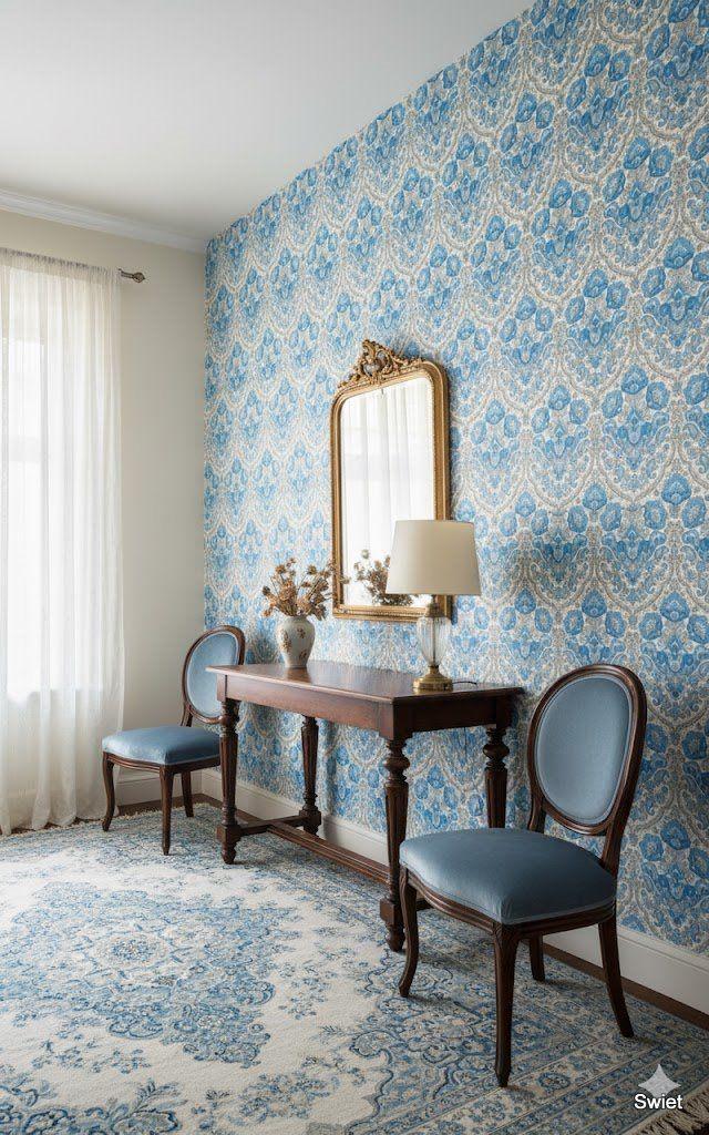 6730 blauw barok vintage behang origineel jaren 70 swiet, Ophalen of Verzenden, 25 tot 50 m², Grijs