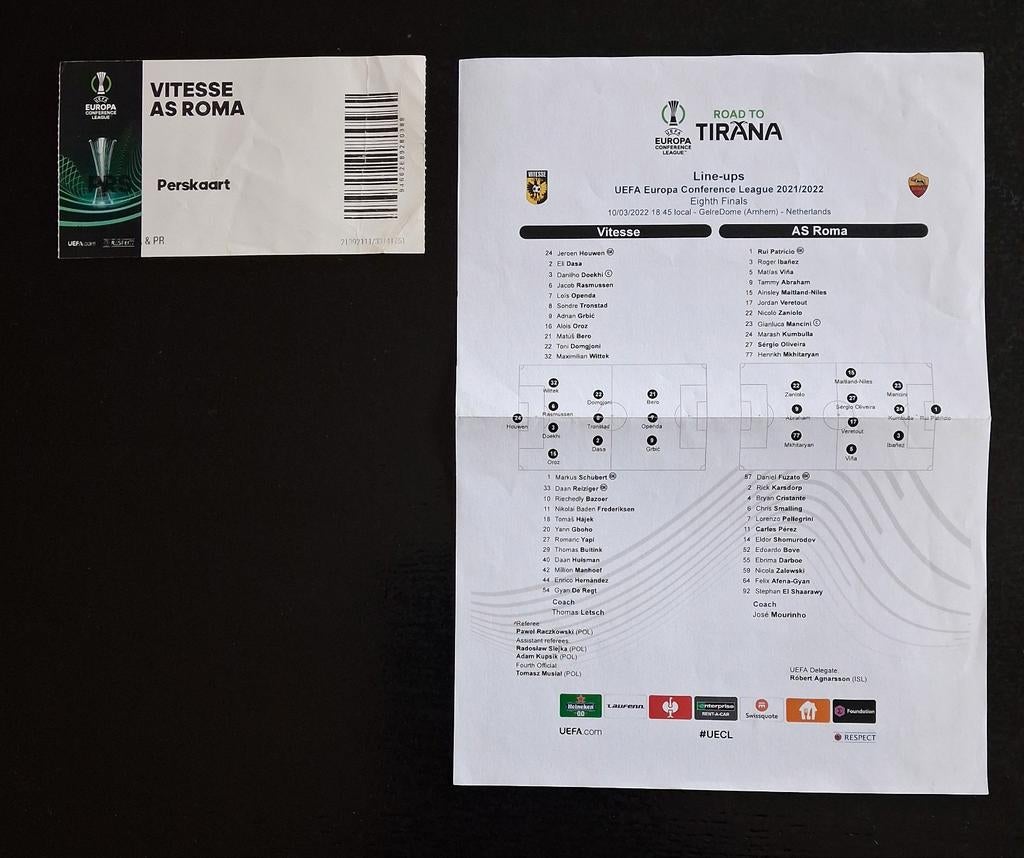 Ticket en line up Vitesse-AS Roma Conference League 2021/22., Ophalen of Verzenden, Gebruikt, Vitesse