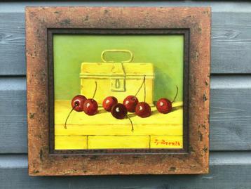 Schilderij kersen met oude trommel, Tj. Drenth 1998 beschikbaar voor biedingen