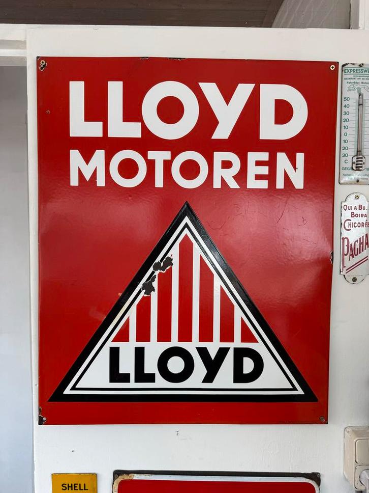 Vintage Lloyd Motoren Emaille Reclamebord, Antiek en Kunst, Antiek | Emaille, Ophalen of Verzenden