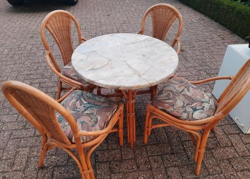 Rotan Tuinset met Marmeren Tafelblad - 4 Stoelen, Tuin en Terras, Tuinstoelen, Gebruikt, Rotan, Ophalen