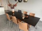 Eetkamertafel uitschuifbaar (wengé) met 6 lederen stoelen, Ophalen, 100 tot 150 cm, Past in elk interieur, 200 cm of meer