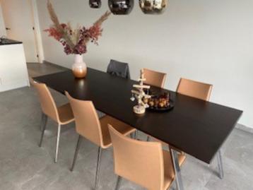 Eetkamertafel uitschuifbaar (wengé) met 6 lederen stoelen