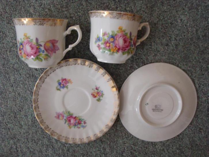 Twee kop en schotels gebloemd met goud koffiekopje, Huis en Inrichting, Keuken | Servies, Gebruikt, Kop(pen) en/of Schotel(s)