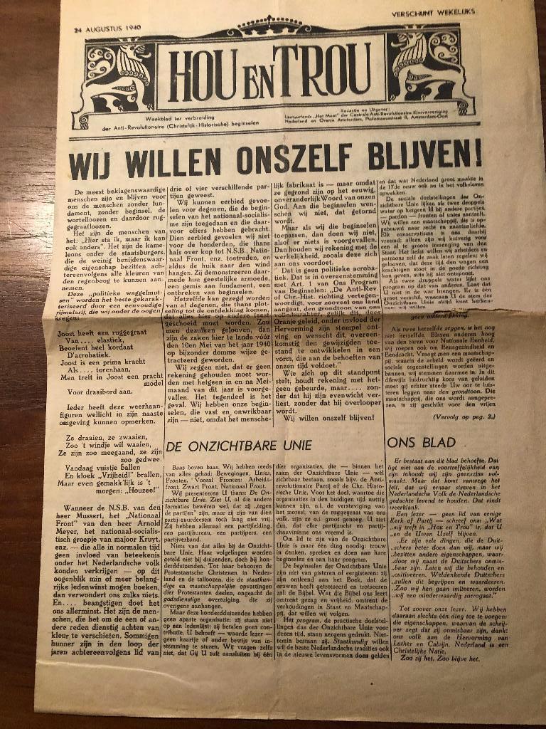 24 augustus 1940. 'Hou en Trou' weekblad van de AR-kiesver-, Ophalen of Verzenden, Overige onderwerpen, Tweede Wereldoorlog, Gelezen