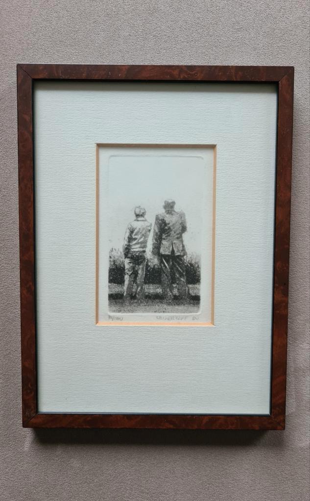 Unieke ets Hans Leijerzapf (1980)  2 figuren, vader en zoon, Antiek en Kunst, Kunst | Etsen en Gravures, Ophalen of Verzenden