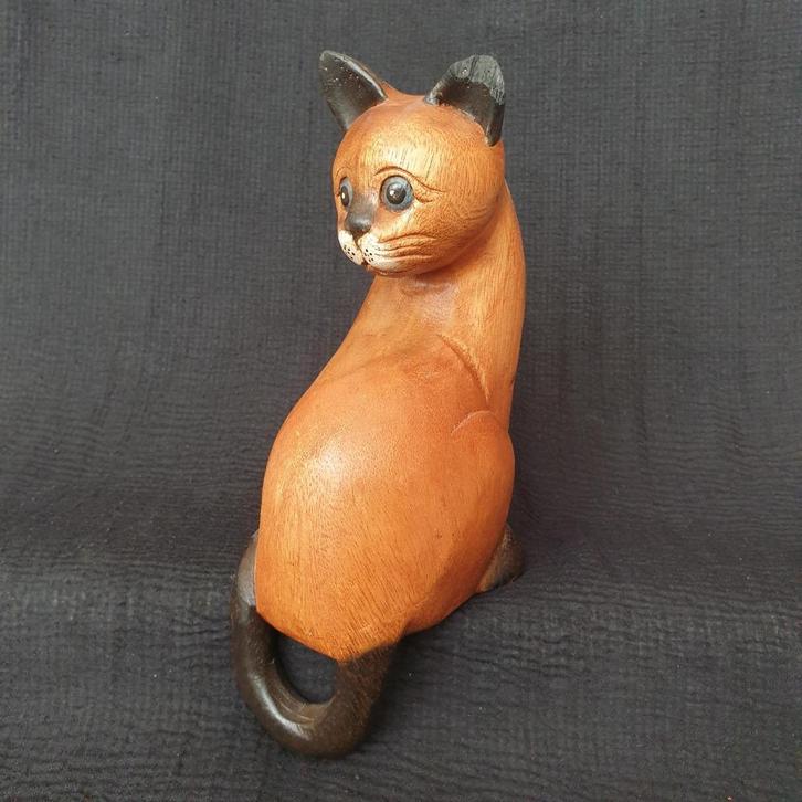 Vintage houten kat decoratie beeldje, Verzamelen, Beelden en Beeldjes, Zo goed als nieuw, Dier, Ophalen of Verzenden
