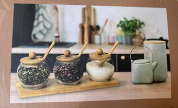 3 Glazen Potjes met Bamboe Deksel - Nieuw in Doos beschikbaar voor biedingen