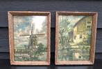 Twee Oud Hollandse prenten met Molen, Boerderij achter glas, Ophalen of Verzenden