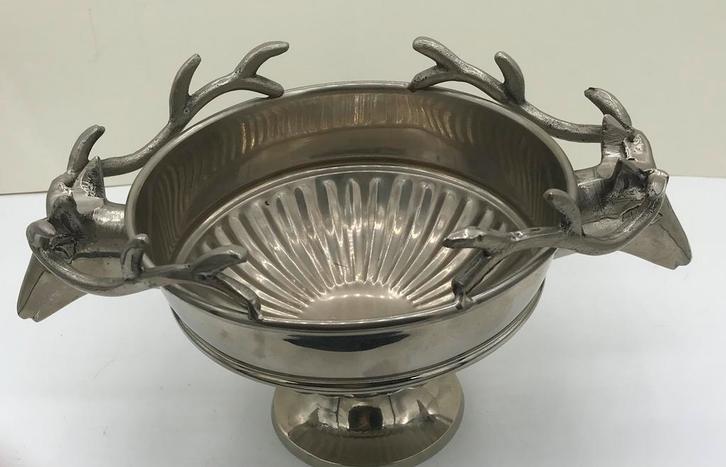 Antieke zilvertin schaal met 2 hertenkoppen. Heel apart!!, Antiek en Kunst, Antiek | Goud en Zilver, Ophalen of Verzenden