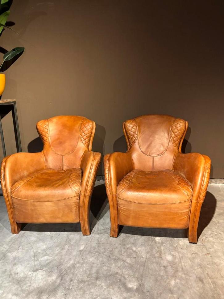 Saddle Chairs Cognac Bruin leer - Vintage Stoer, Huis en Inrichting, Fauteuils, Gebruikt, Leer, 50 tot 75 cm, 75 tot 100 cm, Ophalen of Verzenden