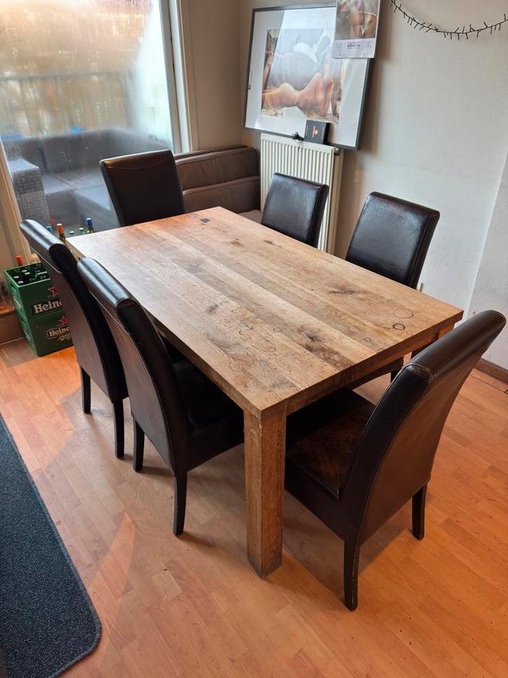 2 Houten Tafels + 8 Leren Stoelen, Huis en Inrichting, Tafels | Eettafels, Gebruikt, 100 tot 150 cm, 150 tot 200 cm, Vijf personen of meer
