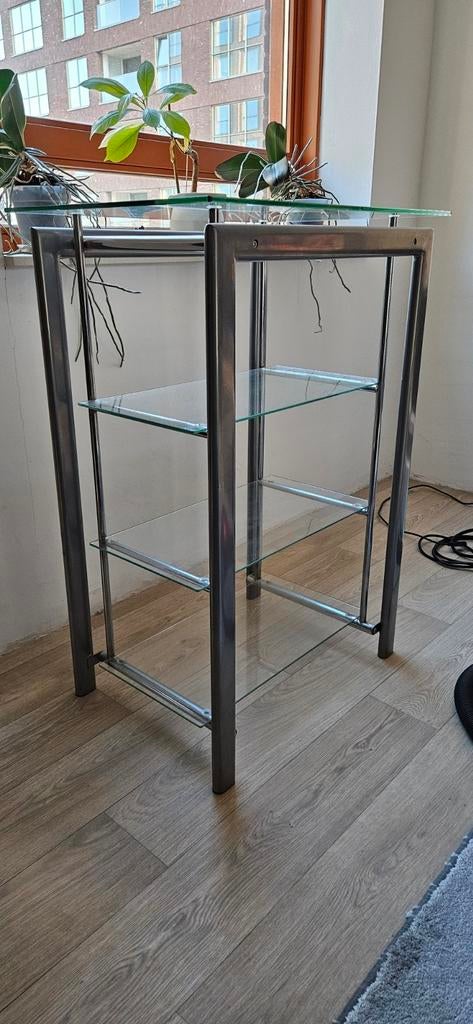Glazen Audio Meubel met Metalen Frame, Ophalen, Met plank(en), 50 tot 100 cm, Zo goed als nieuw