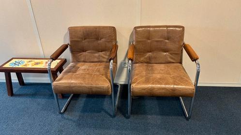 4 vintage leren stoelen – industrieel & comfortabel, Huis en Inrichting, Stoelen, Gebruikt, Vier, Leer, Bruin, Ophalen