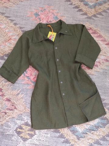 Vintage linen blouse overhemd khaki boho S M beschikbaar voor biedingen