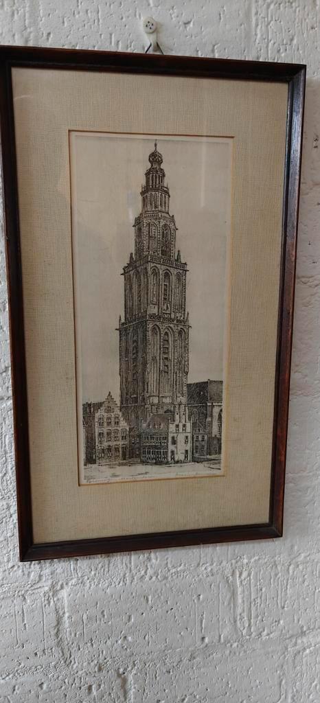 Ets van de Martinitoren Groningen door Marius Janssen, Antiek en Kunst, Kunst | Etsen en Gravures, Ophalen