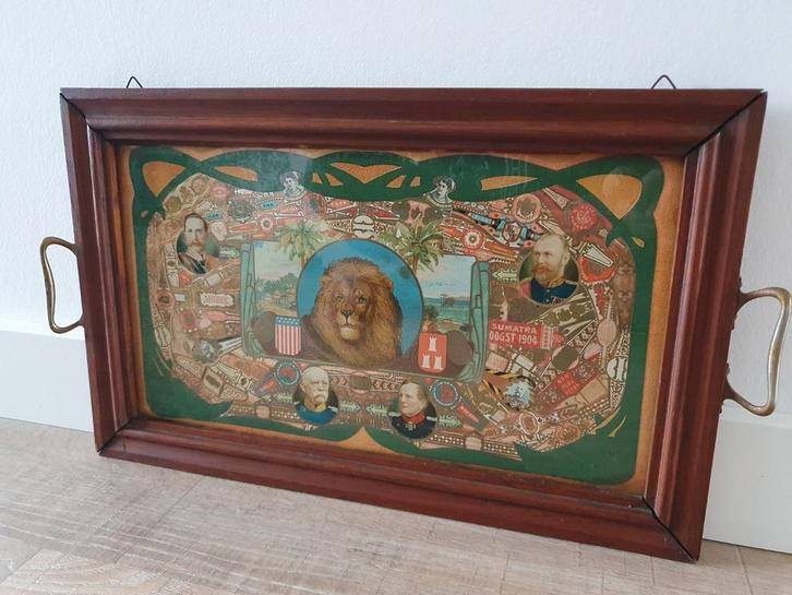 antiek Art Nouveau dienblad schilderij van sigaar labels €49, Antiek en Kunst, Antiek | Woonaccessoires, Ophalen of Verzenden