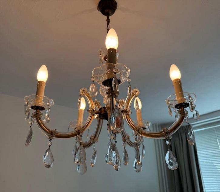 Klassieke kristallen kroonluchter met 5 kaarslampen, Huis en Inrichting, Lampen | Kroonluchters, Gebruikt, Ophalen