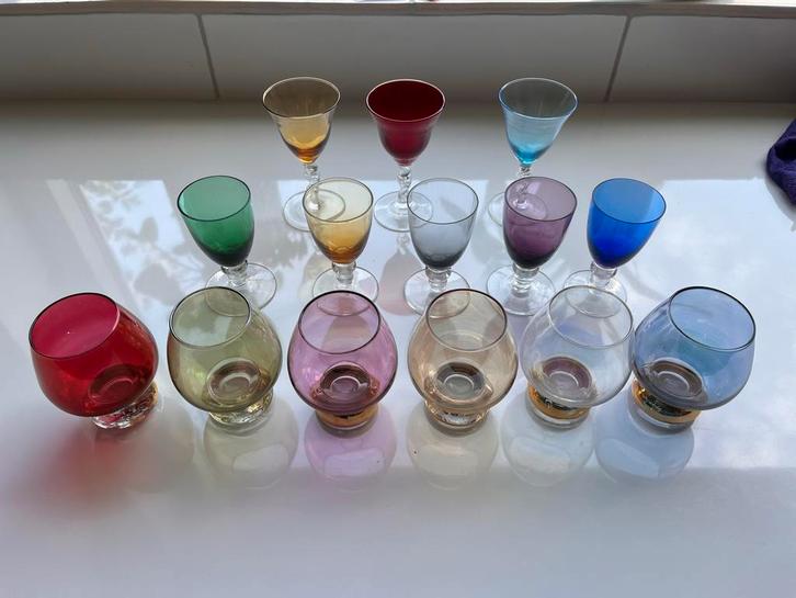 Antieke Gekleurde Borrelglaasjes - Set van 6, Antiek en Kunst, Antiek | Glas en Kristal, Ophalen of Verzenden