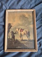 Oude prent van man met paard in lijst, Ophalen of Verzenden
