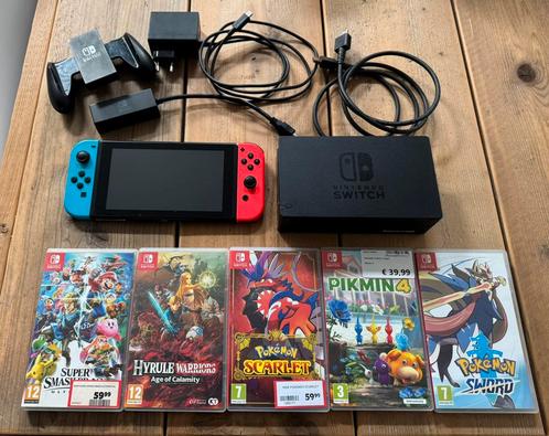 Nintendo Switch + 5 games, Spelcomputers en Games, Spelcomputers | Nintendo Switch, Zo goed als nieuw, Switch Original, Met 1 controller