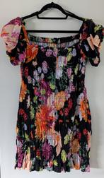 Zwart gebloemd Jurkje, gesmokt., H&M, Zwart, Maat 42/44 (L), Ophalen of Verzenden