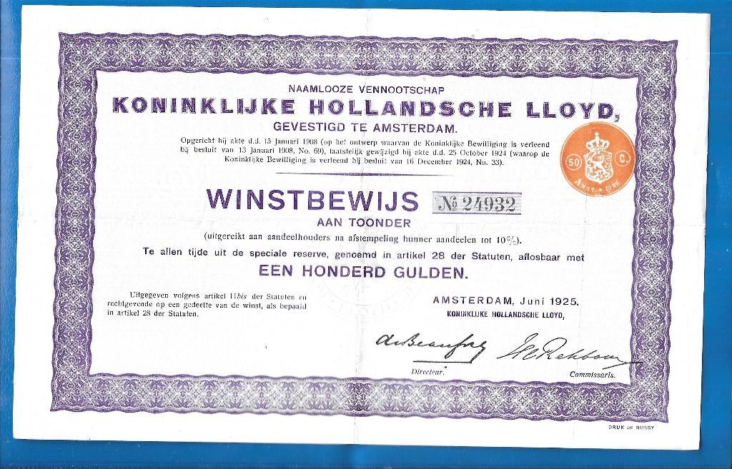Koninklijke Hollandsche Lloyd, Winstbewijs, 100 Gulden, 1925, Verzenden, 1920 tot 1950, Obligatie of Lening