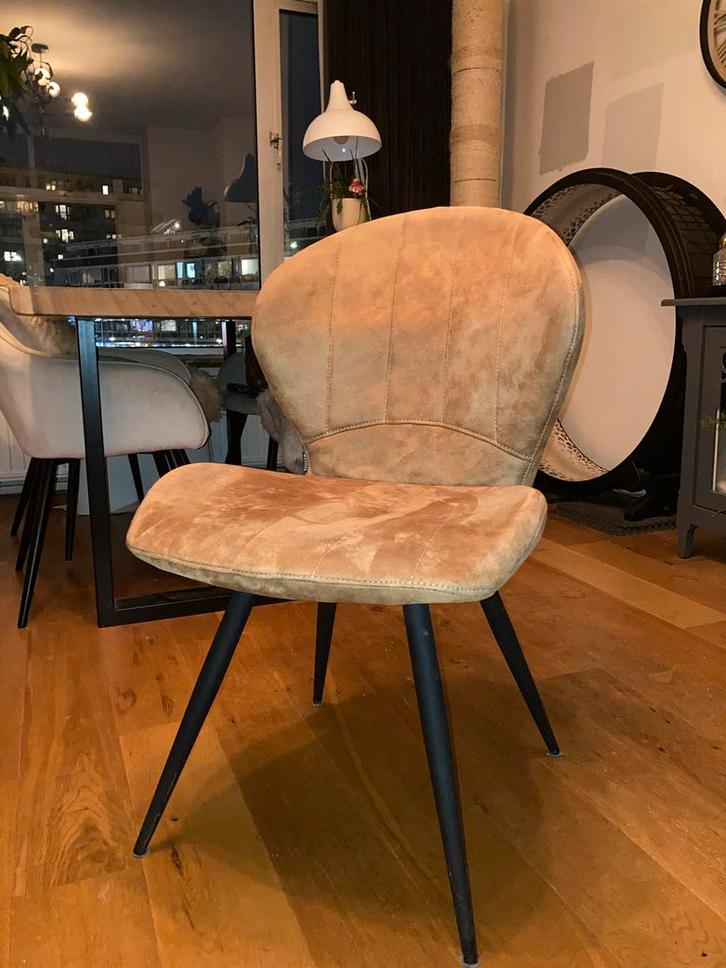 6x MX Sofa cognac bruine suede eetkamer stoelen, Huis en Inrichting, Stoelen, Zo goed als nieuw, Vijf, Zes of meer stoelen, Metaal