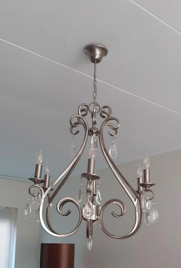 RVS Kroonluchter met Kristallen, Huis en Inrichting, Lampen | Kroonluchters, Zo goed als nieuw, Glas, Metaal, Ophalen