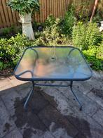 Stijlvolle vierkante metalen tuintafel met glasplaat, Ophalen, Gebruikt, Vierkant, Metaal
