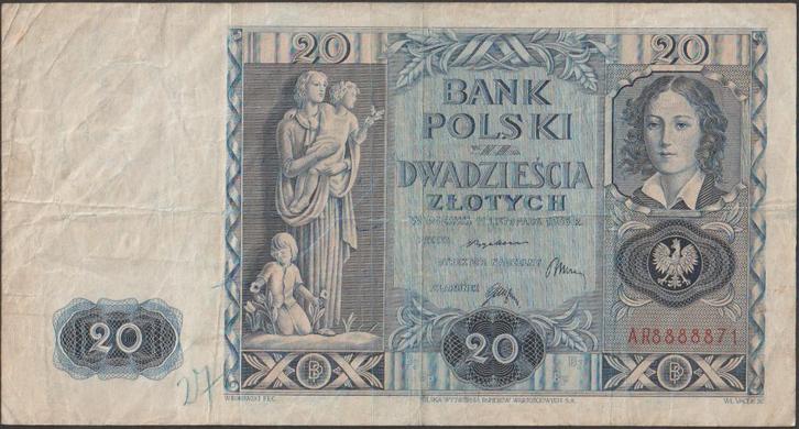 Polen 20 zlotych 1936 gebruikt p.77a (nr 37), Postzegels en Munten, Bankbiljetten | Europa | Niet-Eurobiljetten, Los biljet, Polen