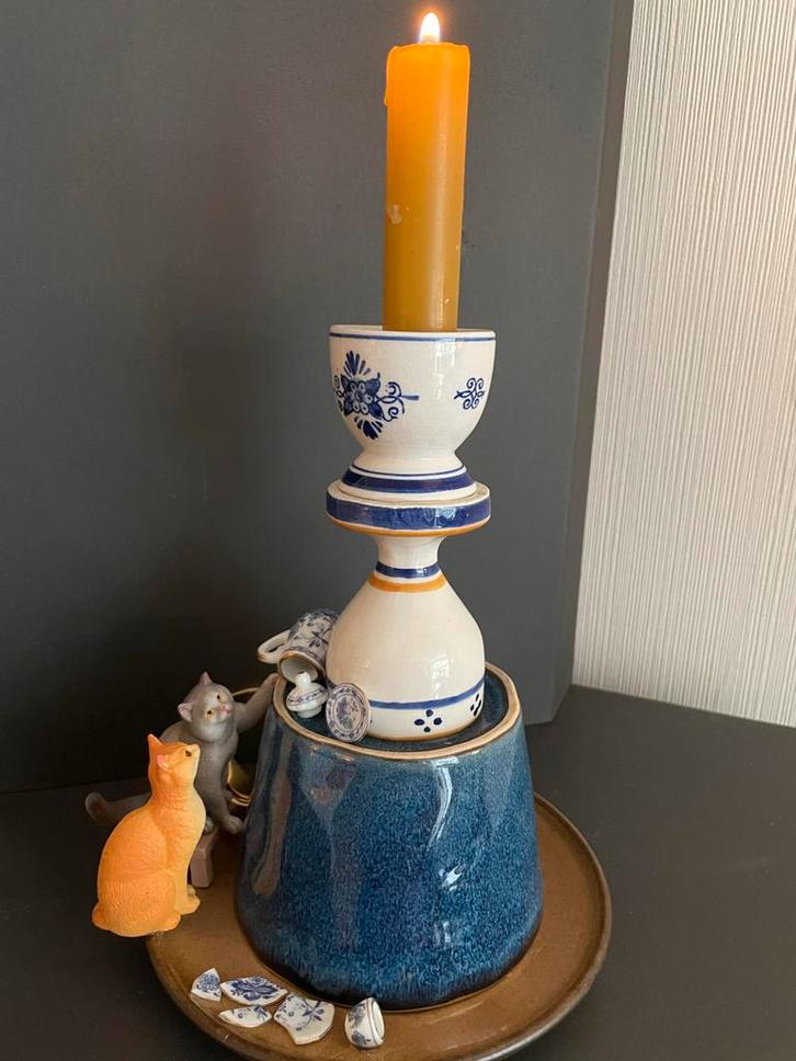 Kandelaar cat on a cup, Huis en Inrichting, Woonaccessoires | Kandelaars en Kaarsen, Gebruikt, Kandelaar, Minder dan 25 cm, Overige materialen