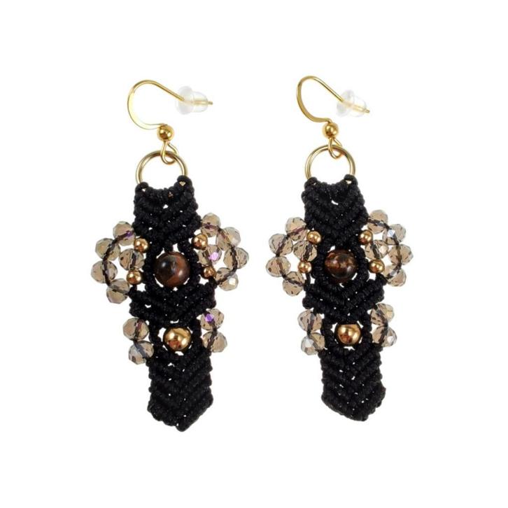 Lange Oorbellen Dames Verguld RVS Zwarte Micro-Macramé Haak, Sieraden, Tassen en Uiterlijk, Oorbellen, Nieuw, Hangers, Overige materialen