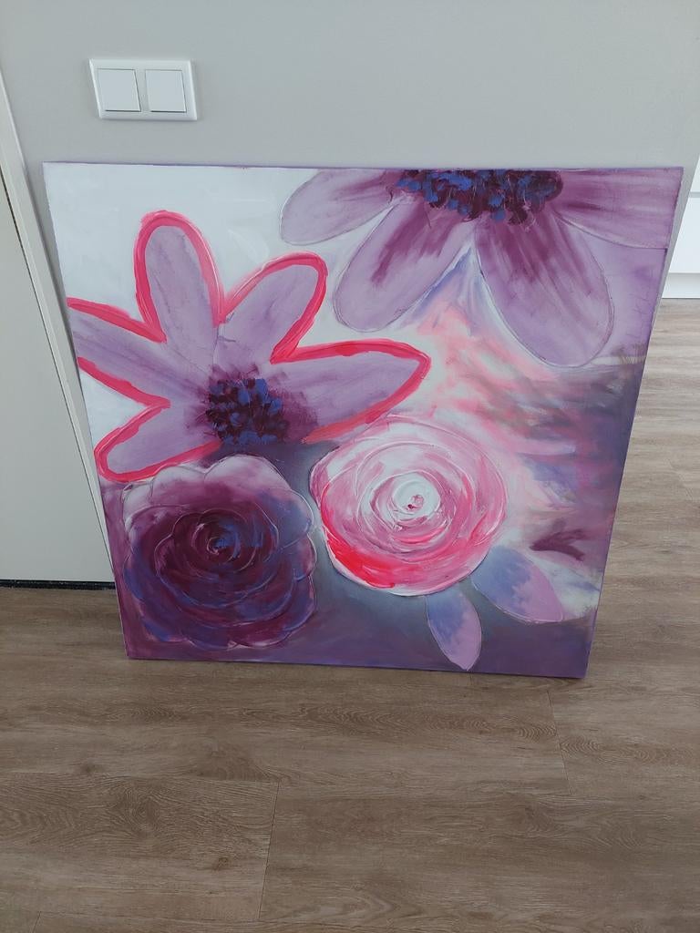 Bloemen schilderij van Sabine Kleiren - 1m x 1m, Antiek en Kunst, Ophalen of Verzenden