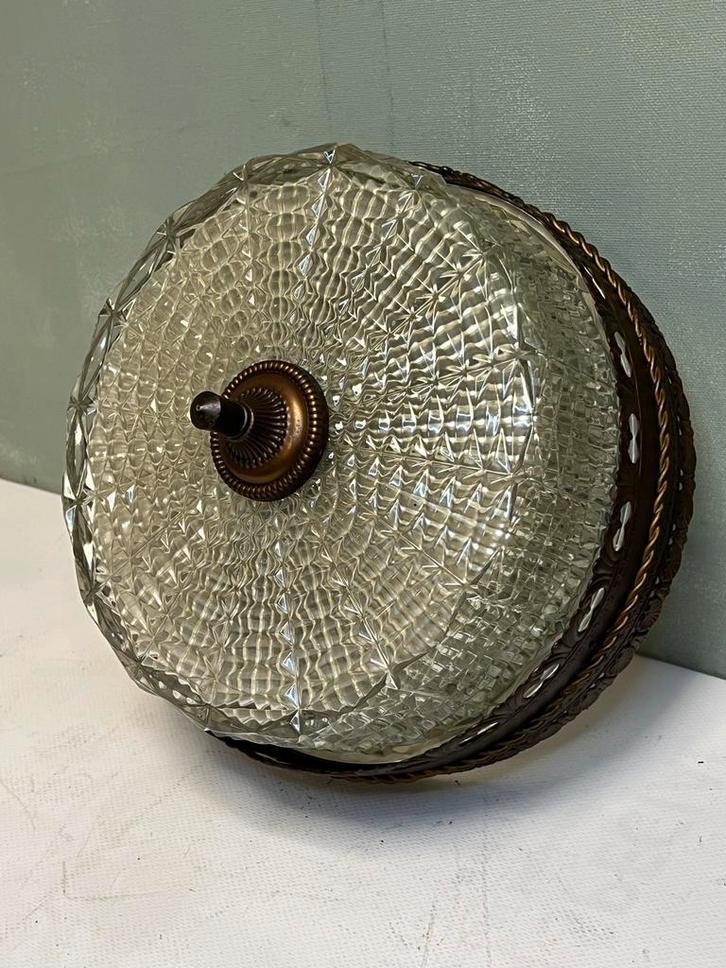 Vintage plafoniere glas messing zuurtjeslamp, Huis en Inrichting, Lampen | Plafondlampen, Zo goed als nieuw, Glas, Ophalen of Verzenden