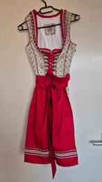 Dirndl - Champagne en rood. Met bijpassend schort. Maat 32, Overige typen, Ophalen of Verzenden, Zo goed als nieuw, Maat 34 (XS) of kleiner