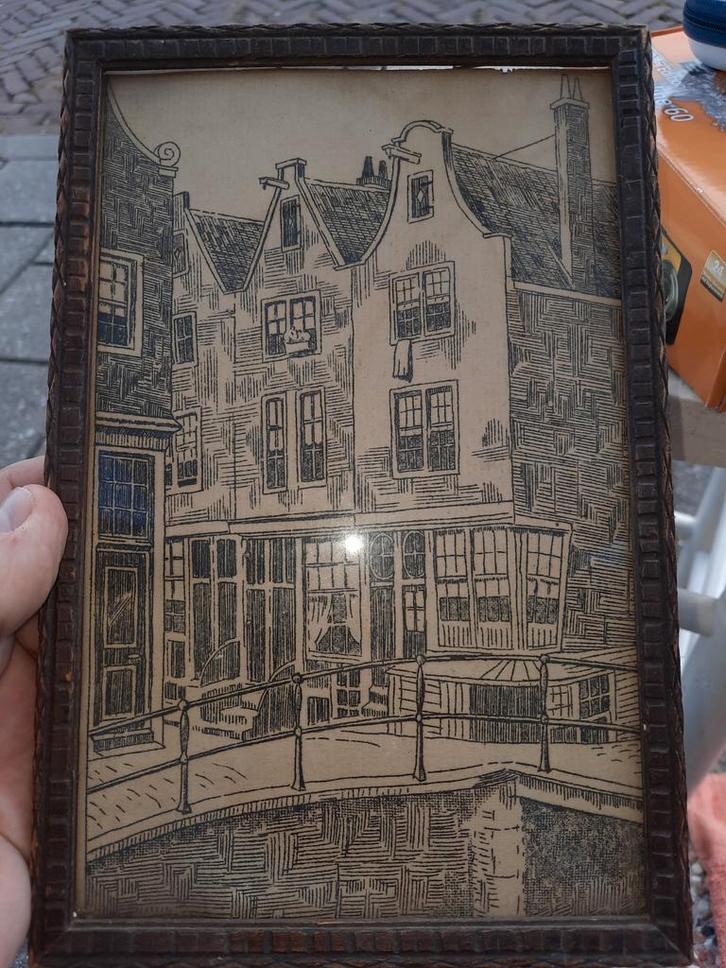 Oude Prent Amsterdamse Grachtenpandjes in Lijst, Antiek en Kunst, Kunst | Etsen en Gravures, Ophalen of Verzenden