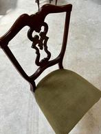 4 notenhouten Stoelen met Groene velours Bekleding met tafel, Huis en Inrichting, Ophalen, Gebruikt, Overige kleuren, Beetje queen ann stijl