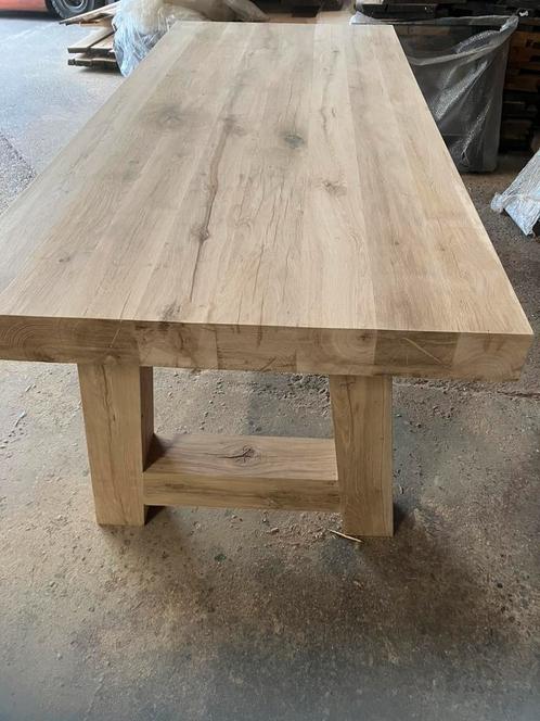 Eiken tafel massief dik blad 10 cm met hout onderstel zwaar, Huis en Inrichting, Tafels | Eettafels, Nieuw, 200 cm of meer, Vijf personen of meer