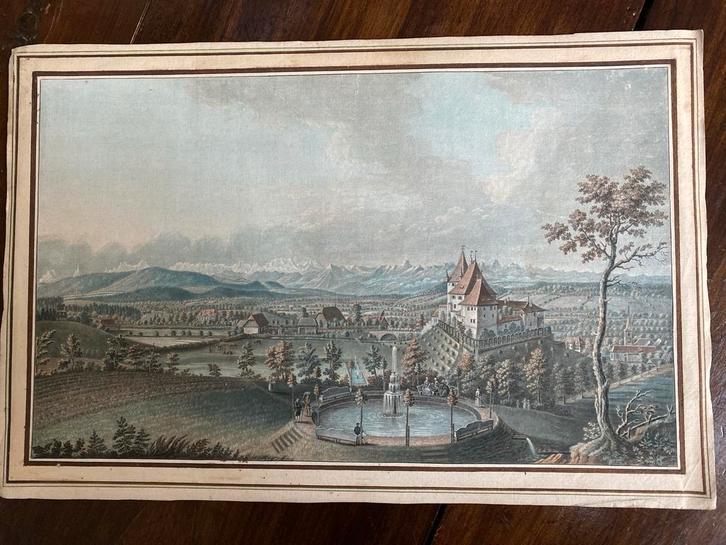 Oude prent van een kasteel en landschap, Antiek en Kunst, Kunst | Etsen en Gravures, Ophalen of Verzenden