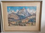 Aquarel Berglandschap met in het dal een dorpje SCH16b, Antiek en Kunst, Kunst | Schilderijen | Klassiek, Ophalen of Verzenden
