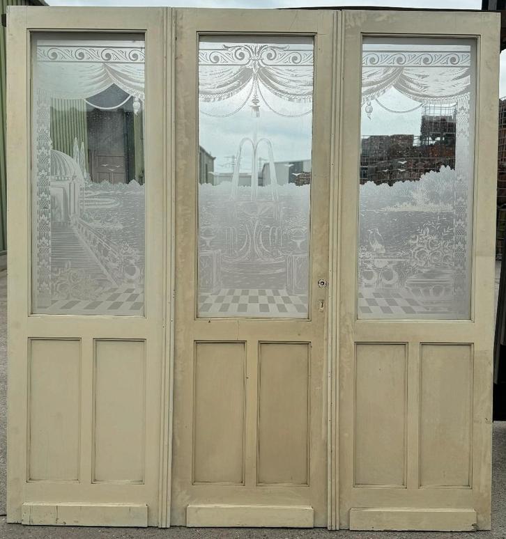 3 delige set geëtste openslaande deuren 220x206cm, Antiek en Kunst, Curiosa en Brocante, Ophalen
